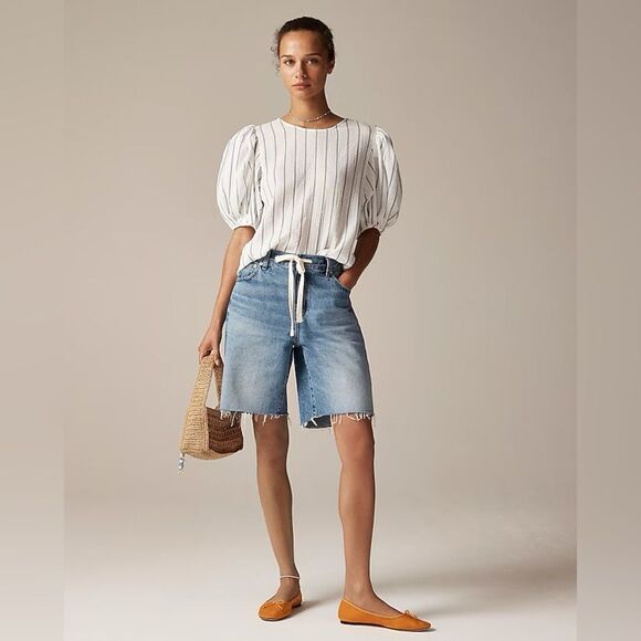 NWT J CREW Puff-sleeve top in sheer gauze in Ivory/Blue stripe - Picture 2 of 7